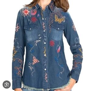 Johnny Was Carmen Frayed Westward Blue Denim with Embroidery Shirt Button Down